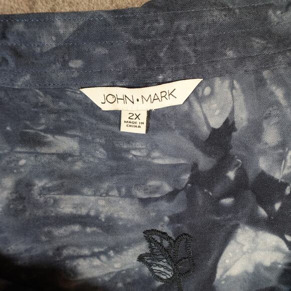 John Mark Top Womens 2X Button Front Artsy Tie Dye Embroidered Lace Navy Blue - Picture 2 of 9